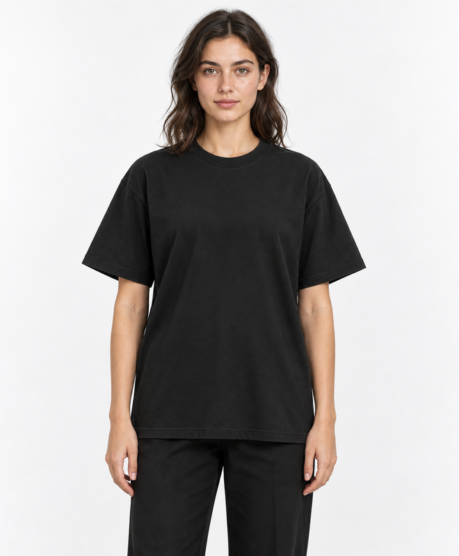 YELSOO Essential Crewneck Tee — Black — women's model, front view