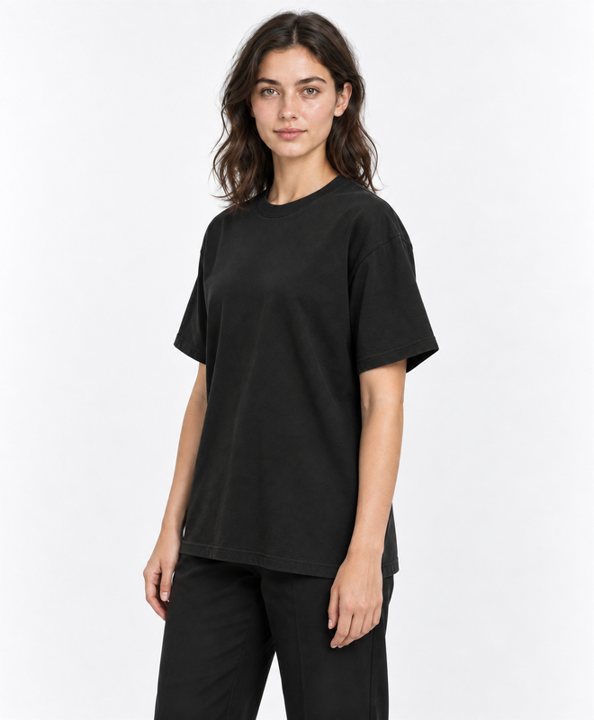 YELSOO Essential Crewneck Tee — Black — women's model, three-quarter view