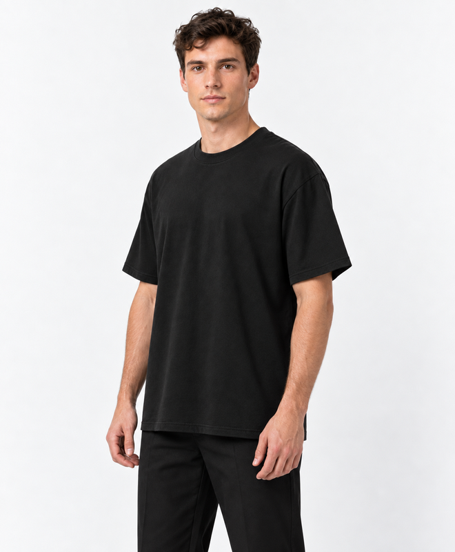 YELSOO Essential Crewneck Tee — Black — men's model, three-quarter view