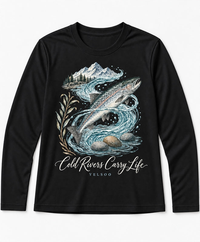 YELSOO men's Cold Rivers Carry Life Atlantic Salmon Long Sleeve Fishing Shirt in Black — main product view