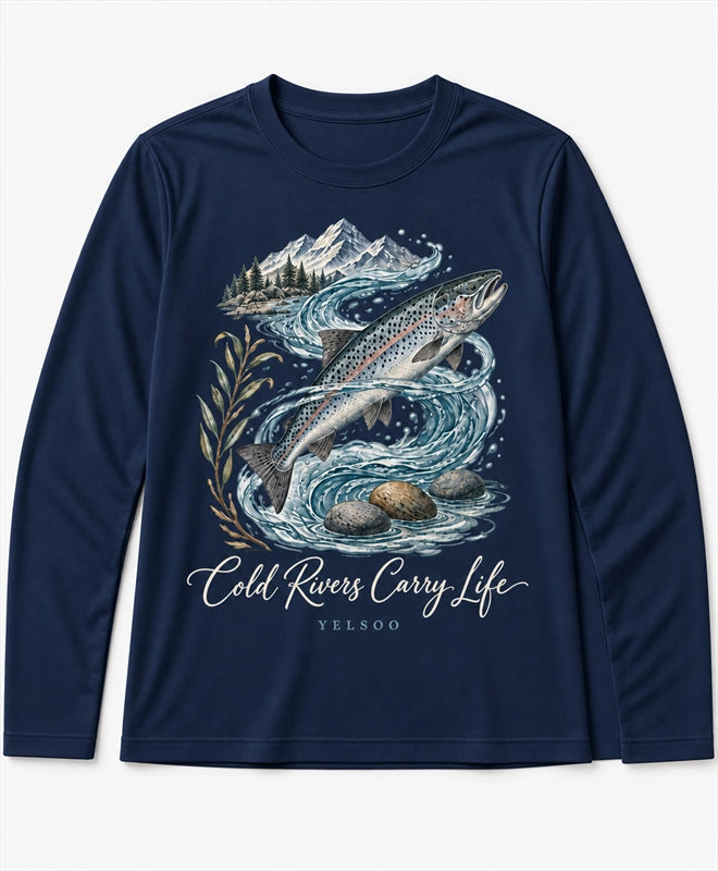 YELSOO men's Cold Rivers Carry Life Atlantic Salmon Long Sleeve Fishing Shirt in Navy — main product view