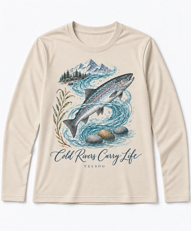 YELSOO men's Cold Rivers Carry Life Atlantic Salmon Long Sleeve Fishing Shirt in Sand — main product view