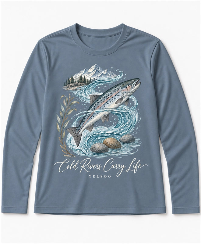YELSOO men's Cold Rivers Carry Life Atlantic Salmon Long Sleeve Fishing Shirt in Slate Blue — main product view
