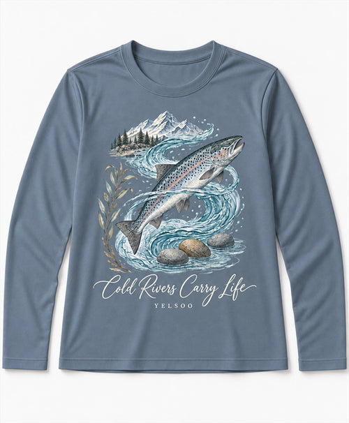 YELSOO men's Cold Rivers Carry Life Atlantic Salmon Long Sleeve Fishing Shirt in Slate Blue — main product view