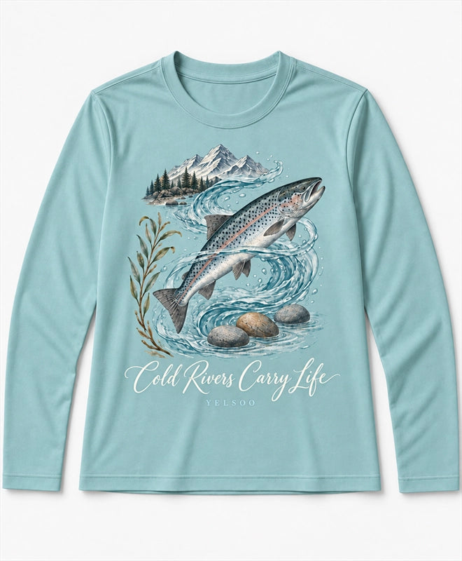 YELSOO men's Cold Rivers Carry Life Atlantic Salmon Long Sleeve Fishing Shirt in Soft Teal — main product view