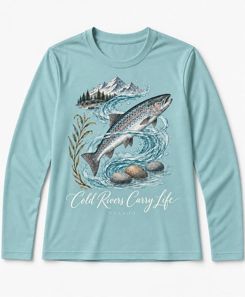 YELSOO men's Cold Rivers Carry Life Atlantic Salmon Long Sleeve Fishing Shirt in Soft Teal — main product view