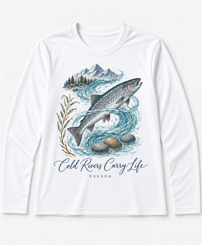 YELSOO men's Cold Rivers Carry Life Atlantic Salmon Long Sleeve Fishing Shirt in White — main product view