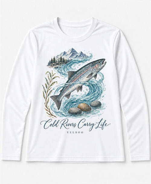 YELSOO men's Cold Rivers Carry Life Atlantic Salmon Long Sleeve Fishing Shirt in White — main product view