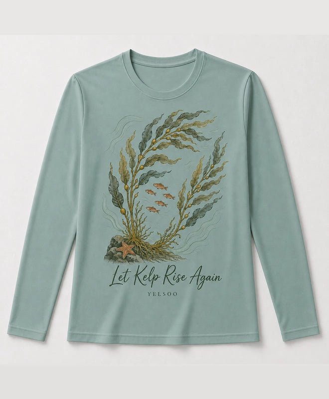 YELSOO men's Let Kelp Rise Again Kelp Forest Long Sleeve Fishing Shirt in Soft Teal — main product view