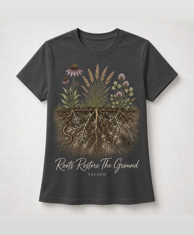 YELSOO men's Roots Restore the Ground Graphic Tee in Charcoal Gray — main product view