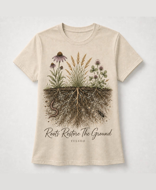YELSOO men's Roots Restore the Ground Graphic Tee in Sand — main product view