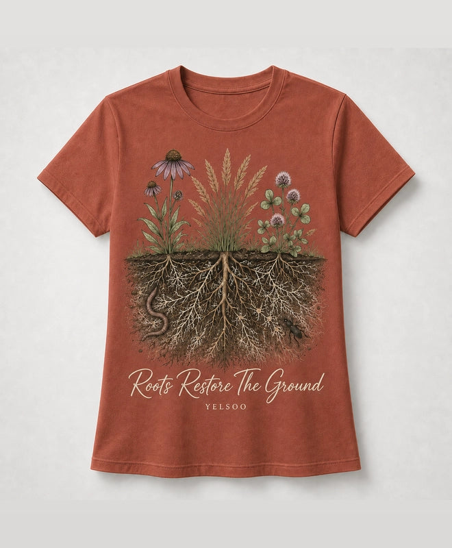 YELSOO men's Roots Restore the Ground Graphic Tee in Terracotta — main product view