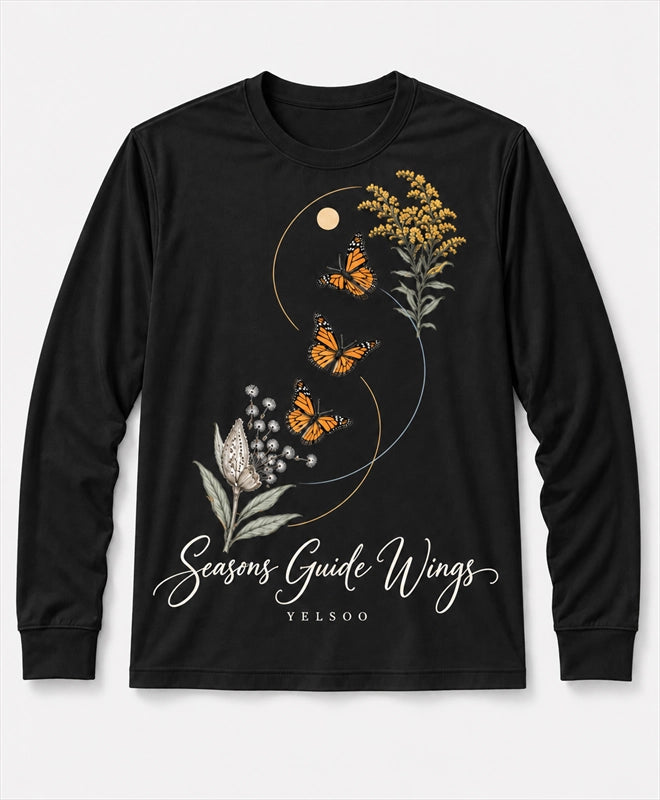 YELSOO men's Seasons Guide Wings Monarch Butterfly Long Sleeve Fishing Shirt in Black — main product view