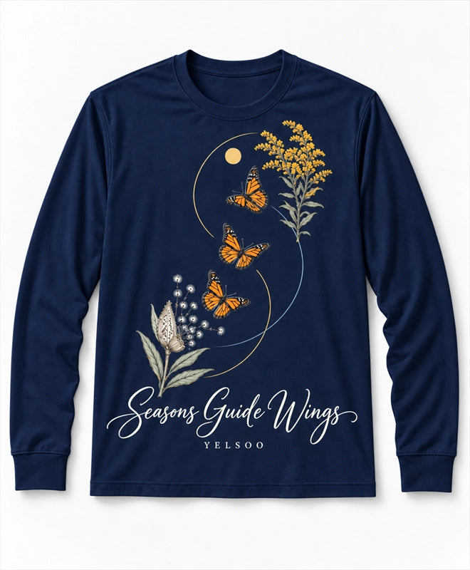 YELSOO men's Seasons Guide Wings Monarch Butterfly Long Sleeve Fishing Shirt in Navy — main product view