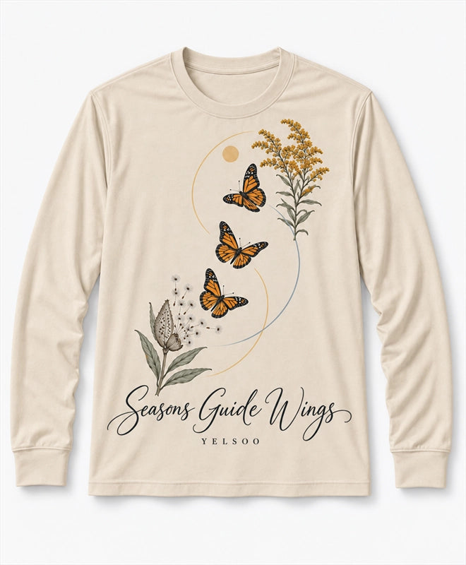 YELSOO men's Seasons Guide Wings Monarch Butterfly Long Sleeve Fishing Shirt in Sand — main product view