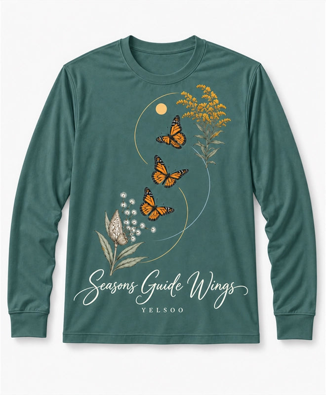 YELSOO men's Seasons Guide Wings Monarch Butterfly Long Sleeve Fishing Shirt in Soft Teal — main product view