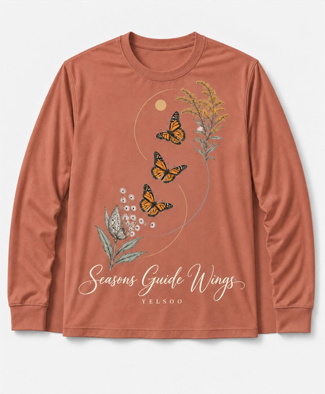 YELSOO men's Seasons Guide Wings Monarch Butterfly Long Sleeve Fishing Shirt in Terracotta — main product view