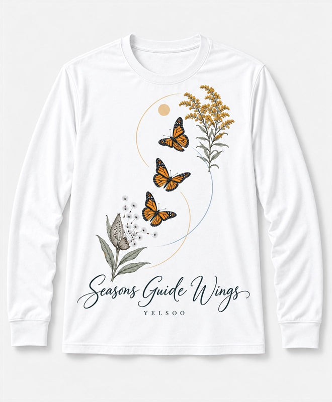 YELSOO men's Seasons Guide Wings Monarch Butterfly Long Sleeve Fishing Shirt in White — main product view