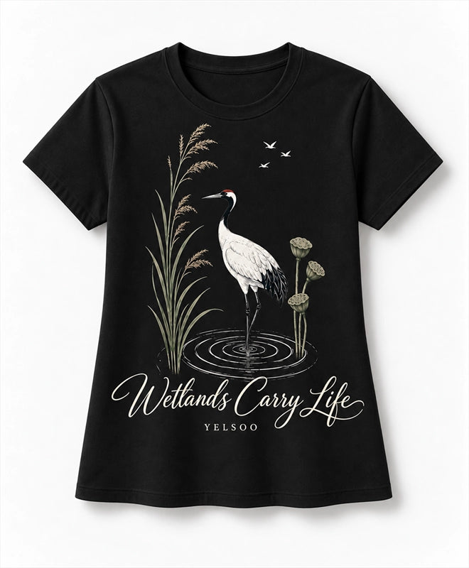 YELSOO men's Wetlands Carry Life Red-Crowned Crane Graphic Tee in Black — main product view