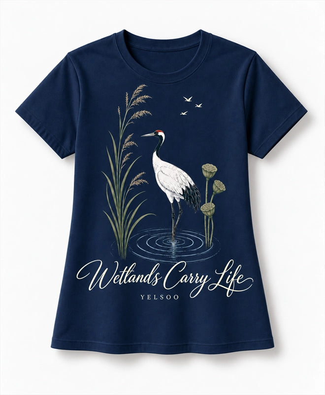 YELSOO men's Wetlands Carry Life Red-Crowned Crane Graphic Tee in Navy — main product view