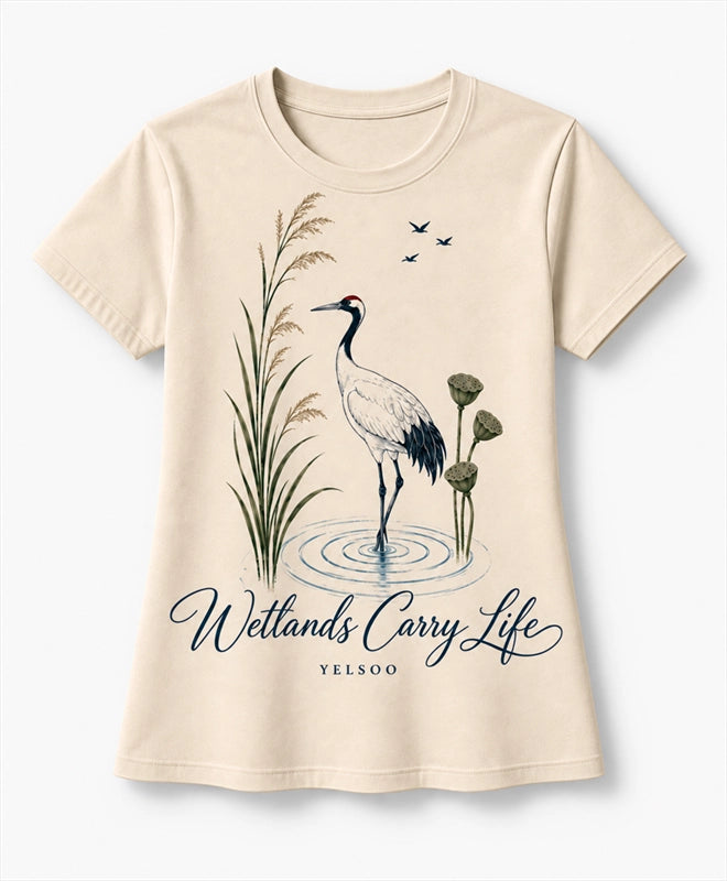 YELSOO men's Wetlands Carry Life Red-Crowned Crane Graphic Tee in Sand — main product view
