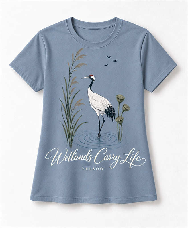 YELSOO men's Wetlands Carry Life Red-Crowned Crane Graphic Tee in Slate Blue — main product view