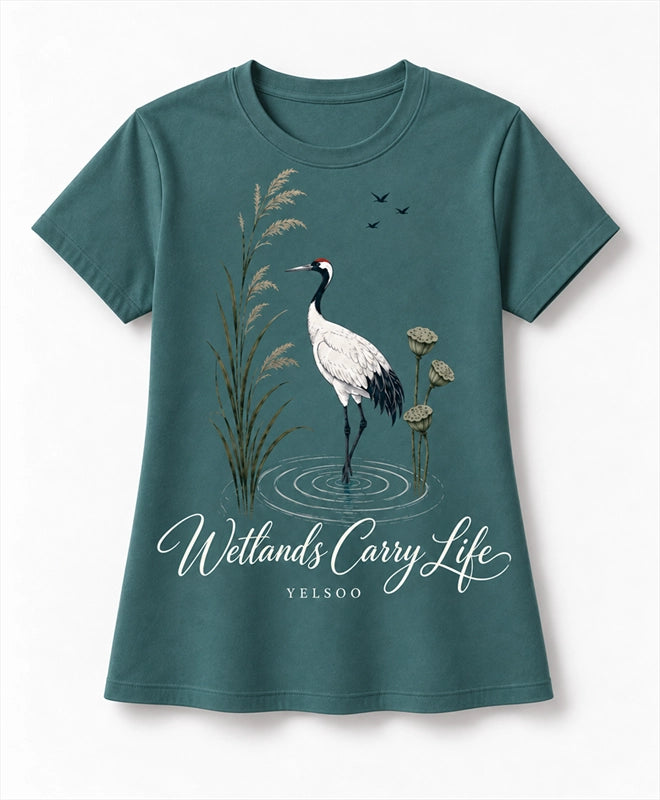 YELSOO men's Wetlands Carry Life Red-Crowned Crane Graphic Tee in Soft Teal — main product view