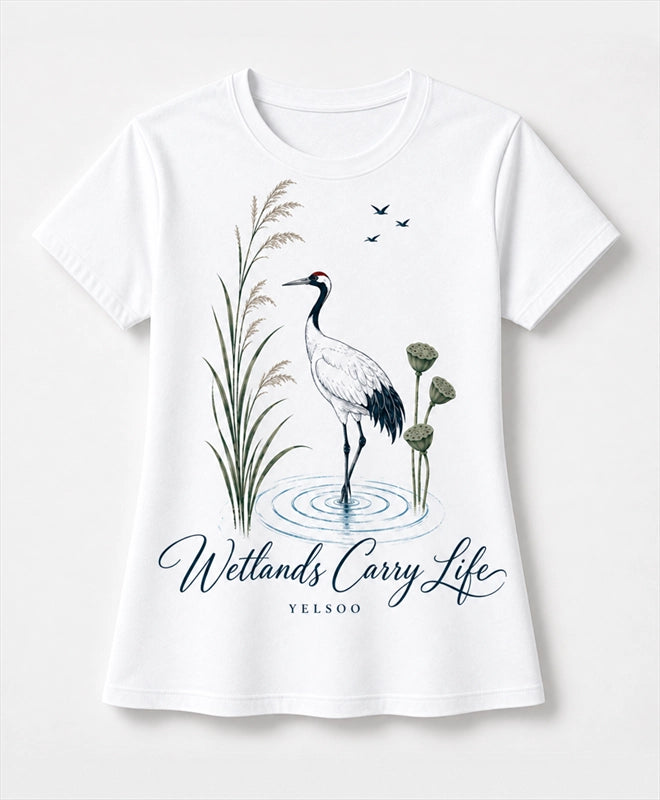 YELSOO men's Wetlands Carry Life Red-Crowned Crane Graphic Tee in White — main product view