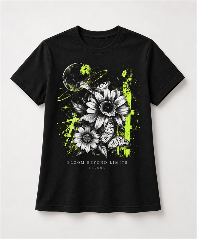 YELSOO Bloom Beyond Limits Graphic Tee in black — main product view