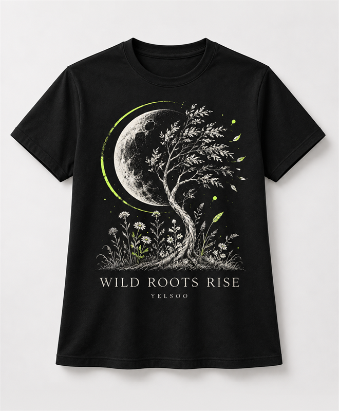 YELSOO Wild Roots Rise Graphic Tee in black — main product view
