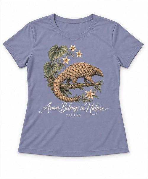 YELSOO women's Armor Belongs in Nature Pangolin Graphic Tee in Dusty Blue Violet — main product view