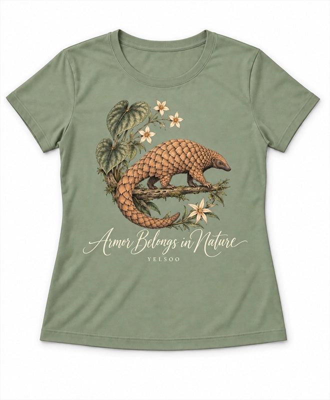 YELSOO women's Armor Belongs in Nature Pangolin Graphic Tee in Sage Green — main product view