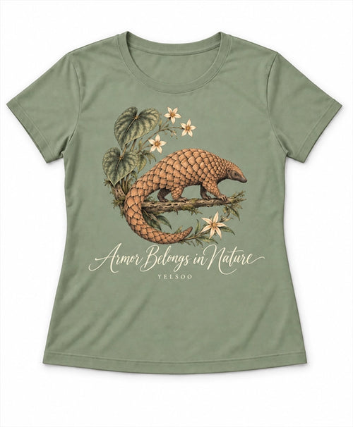 YELSOO women's Armor Belongs in Nature Pangolin Graphic Tee in Sage Green — main product view