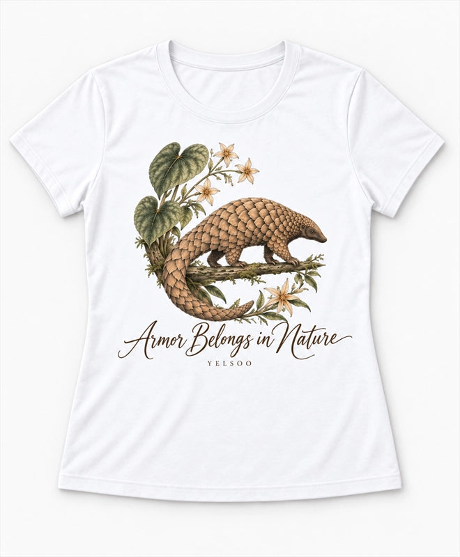 YELSOO women's Armor Belongs in Nature Pangolin Graphic Tee in White — main product view