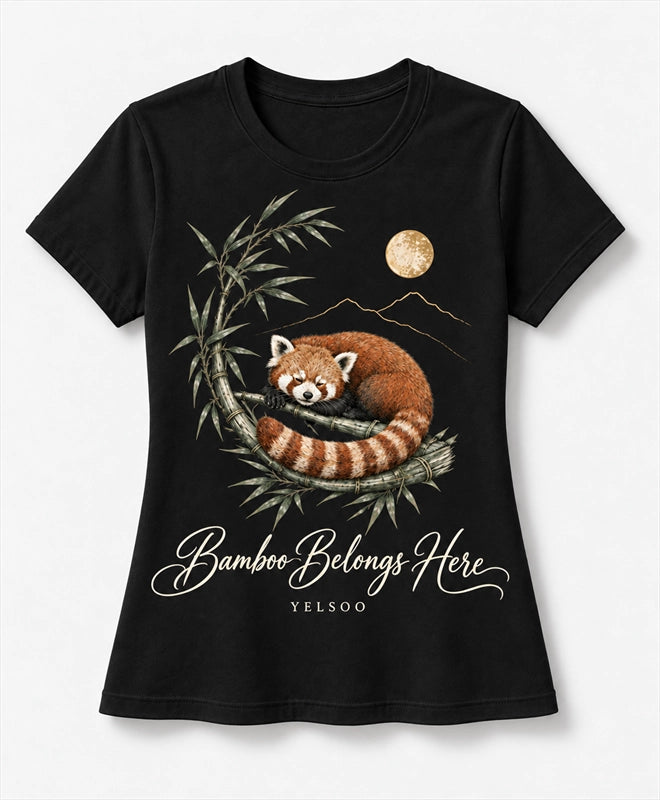 YELSOO women's Bamboo Belongs Here Red Panda Graphic Tee in Black — main product view