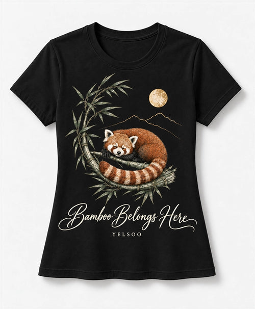 YELSOO women's Bamboo Belongs Here Red Panda Graphic Tee in Black — main product view