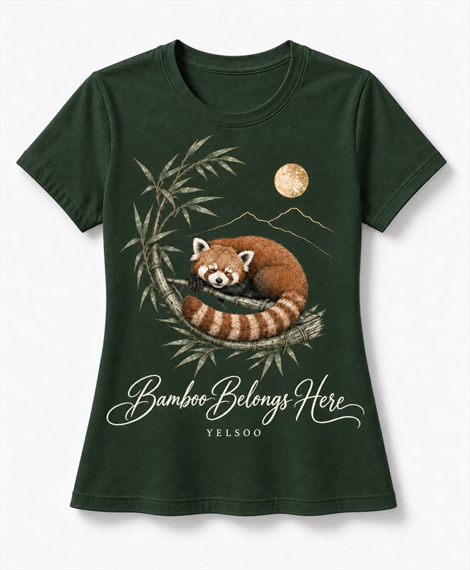 YELSOO women's Bamboo Belongs Here Red Panda Graphic Tee in Forest Green — main product view