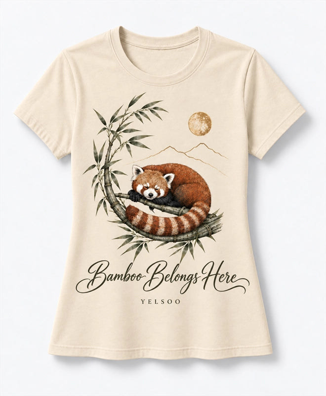 YELSOO women's Bamboo Belongs Here Red Panda Graphic Tee in Sand — main product view