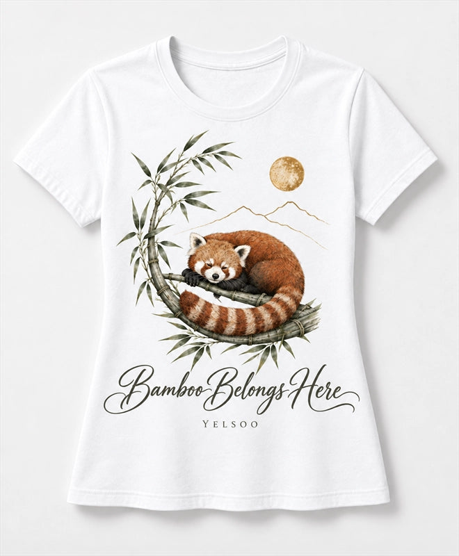 YELSOO women's Bamboo Belongs Here Red Panda Graphic Tee in White — main product view