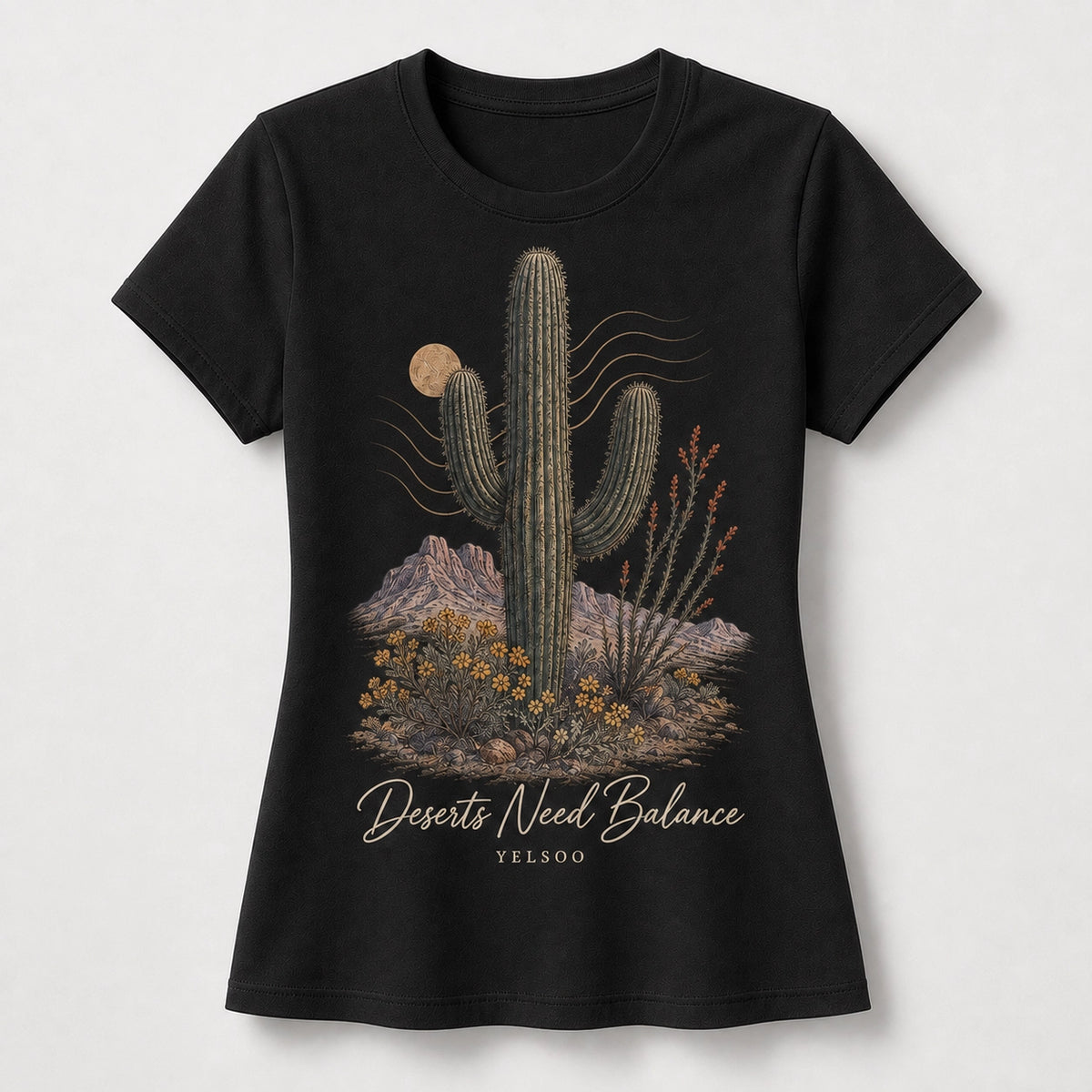 YELSOO women's Deserts Need Balance Saguaro Cactus Graphic Tee in Black — main product view