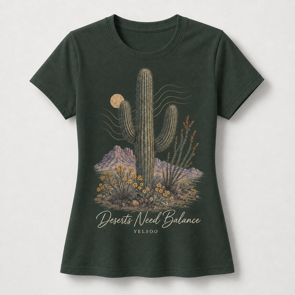 YELSOO women's Deserts Need Balance Saguaro Cactus Graphic Tee in Forest Green — main product view