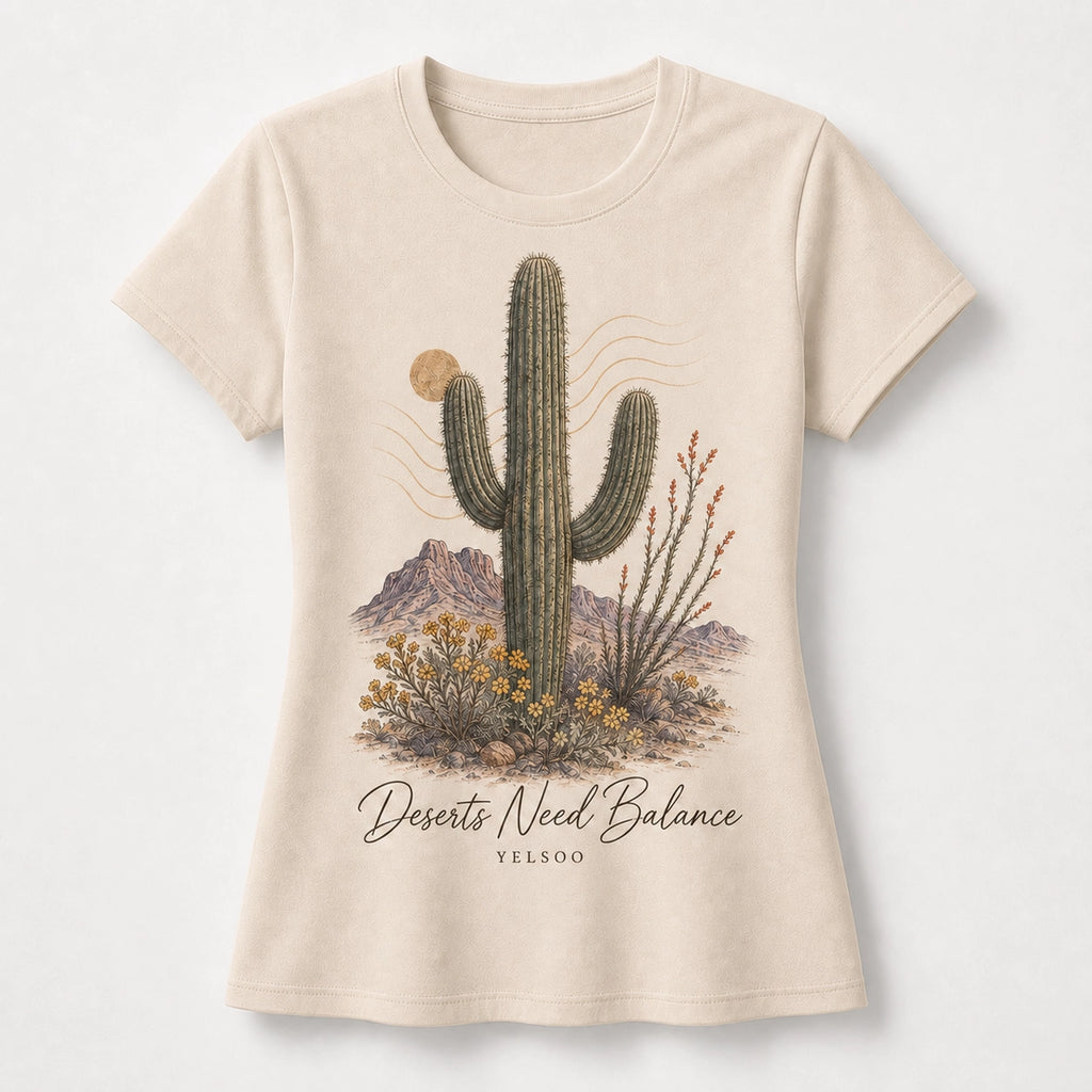 YELSOO women's Deserts Need Balance Saguaro Cactus Graphic Tee in Sand — main product view