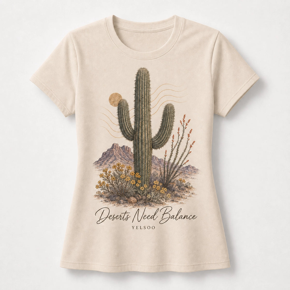 YELSOO women's Deserts Need Balance Saguaro Cactus Graphic Tee in Sand — main product view