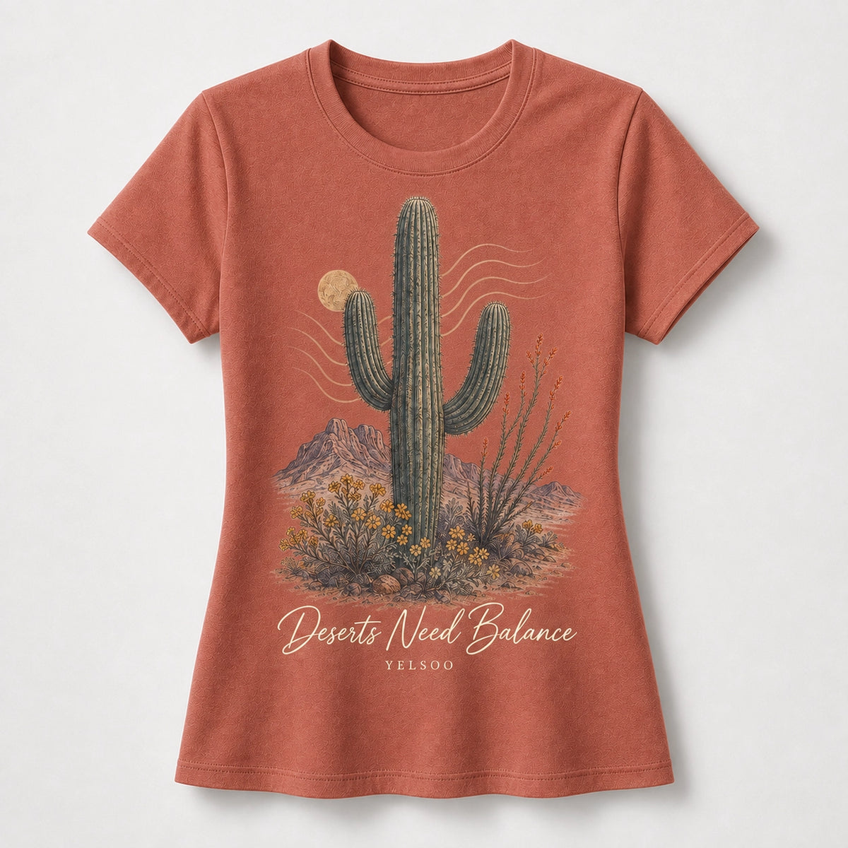 YELSOO women's Deserts Need Balance Saguaro Cactus Graphic Tee in Terracotta — main product view