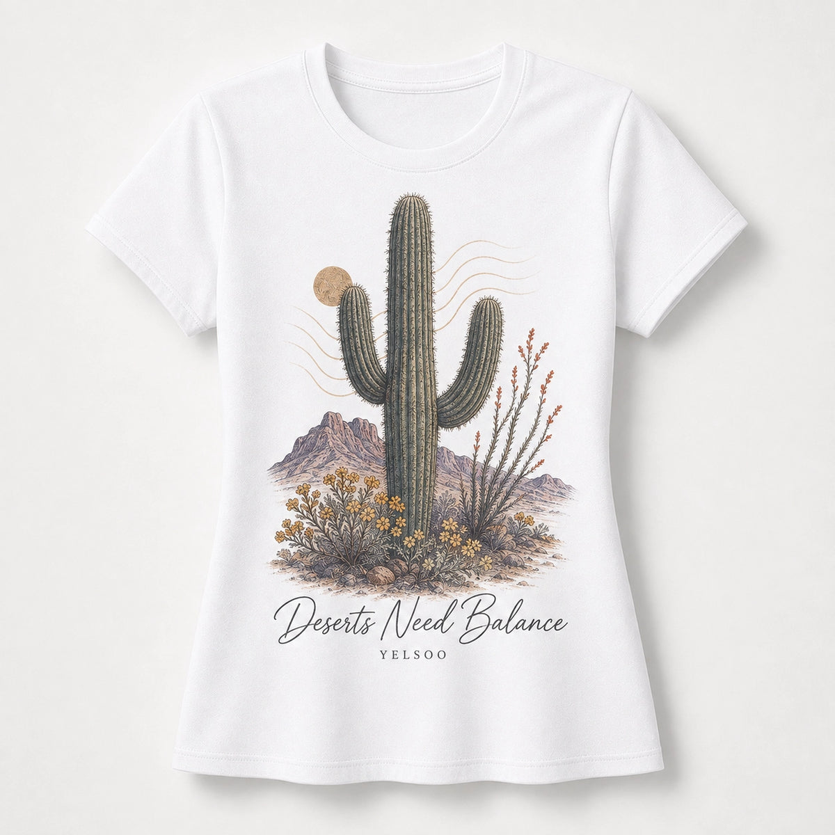 YELSOO women's Deserts Need Balance Saguaro Cactus Graphic Tee in White — main product view