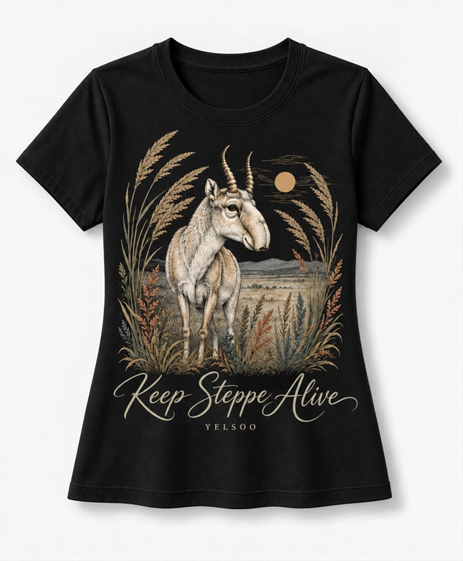 YELSOO women's Keep Steppe Alive Saiga Antelope Graphic Tee in Black — main product view