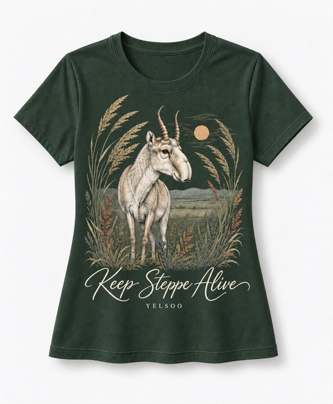 YELSOO women's Keep Steppe Alive Saiga Antelope Graphic Tee in Forest Green — main product view
