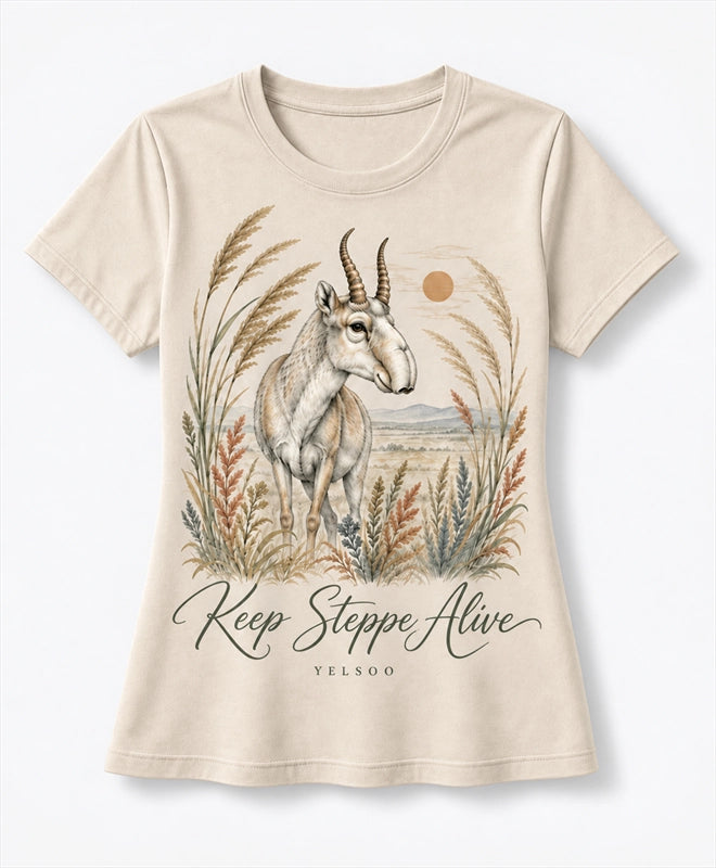 YELSOO women's Keep Steppe Alive Saiga Antelope Graphic Tee in Sand — main product view