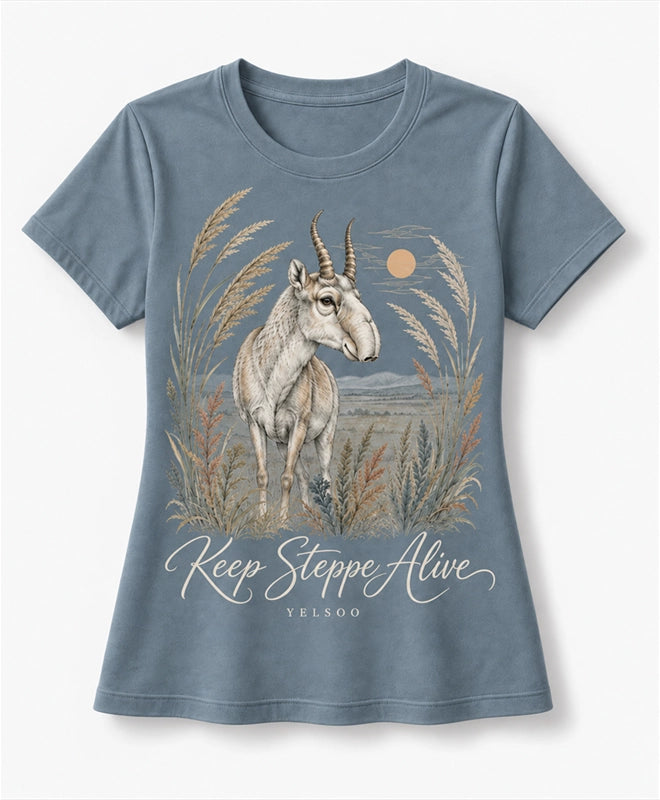 YELSOO women's Keep Steppe Alive Saiga Antelope Graphic Tee in Slate Blue — main product view