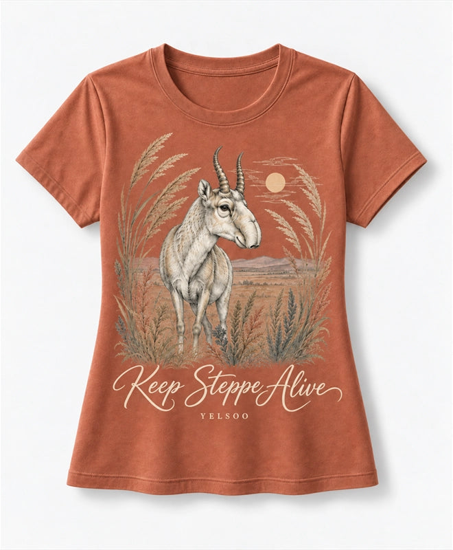 YELSOO women's Keep Steppe Alive Saiga Antelope Graphic Tee in Terracotta — main product view